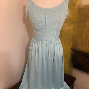 Vintage Nostalgic Blue Slip Dress Nightgown Lingerie with Embroidered Shamrocks